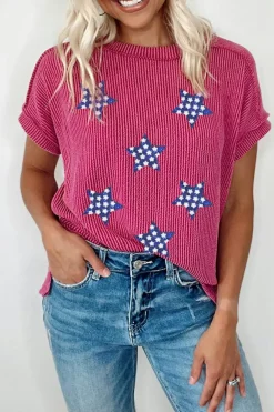 Fashion Dear-Lover Sequin Star Graphic Corded Side Split Patriotic T Shirt Rose Red