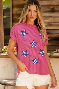 Fashion Dear-Lover Sequin Star Graphic Corded Side Split Patriotic T Shirt Rose Red