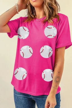 Sale Dear-Lover Sequined Baseball Graphic Cotton T Shirt Rose Red