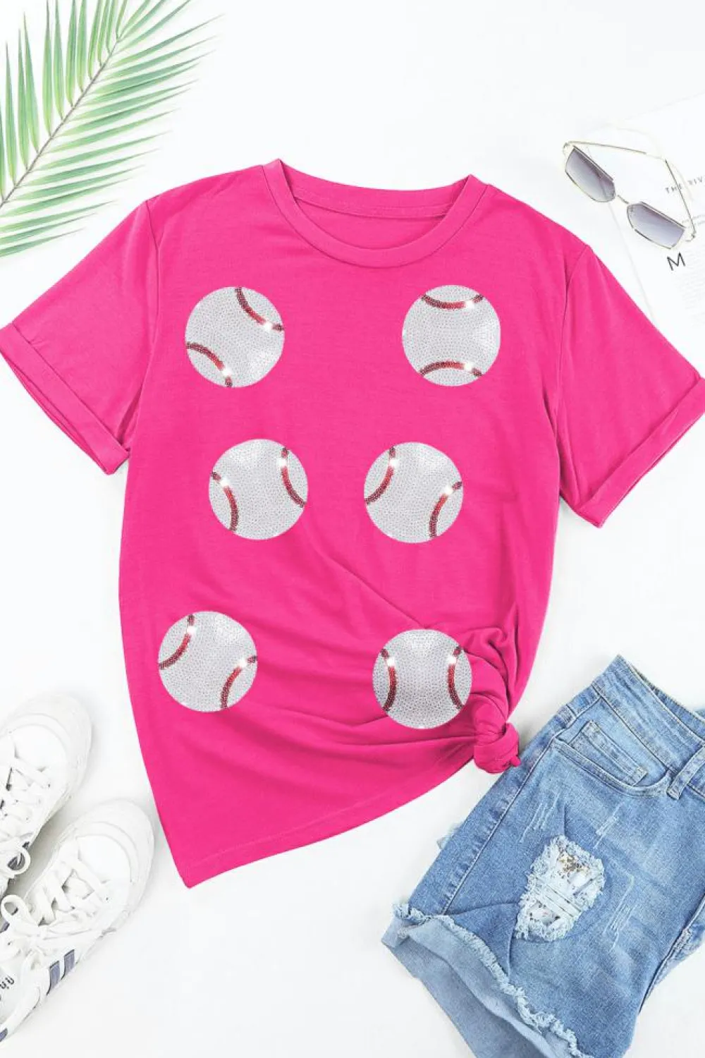 Sale Dear-Lover Sequined Baseball Graphic Cotton T Shirt Rose Red