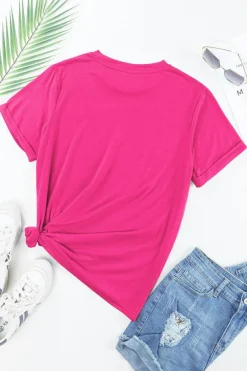 Sale Dear-Lover Sequined Baseball Graphic Cotton T Shirt Rose Red