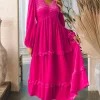 Best Dear-Lover Shirred V Neck Long Sleeve Velvet Dress Rose Red
