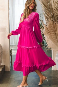 Best Dear-Lover Shirred V Neck Long Sleeve Velvet Dress Rose Red