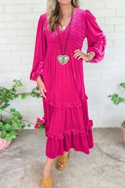Best Dear-Lover Shirred V Neck Long Sleeve Velvet Dress Rose Red