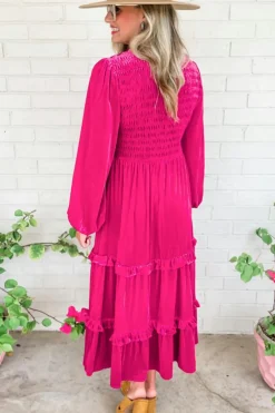 Best Dear-Lover Shirred V Neck Long Sleeve Velvet Dress Rose Red