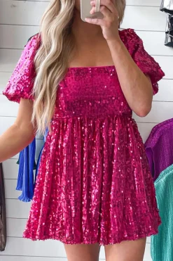 Discount Dear-Lover Short Puff Sleeve Sequin Babydoll Romper Rose Red