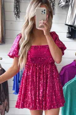 Discount Dear-Lover Short Puff Sleeve Sequin Babydoll Romper Rose Red