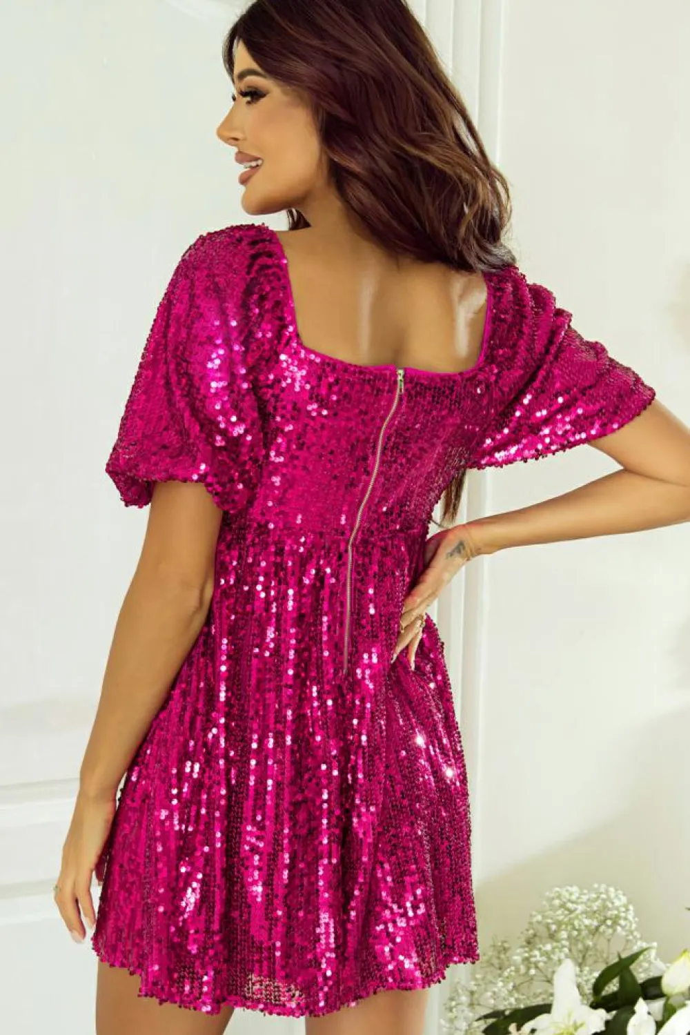 Discount Dear-Lover Short Puff Sleeve Sequin Babydoll Romper Rose Red
