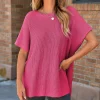 Discount Dear-Lover Short Sleeve Side Slit Oversized Sweater Rose Red