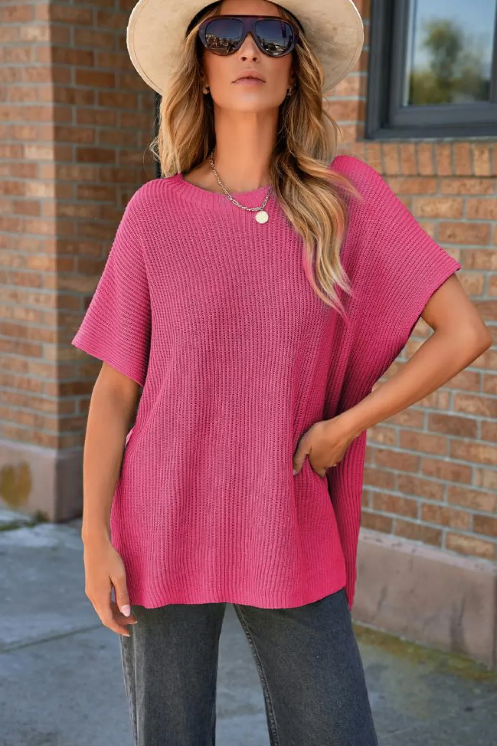 Discount Dear-Lover Short Sleeve Side Slit Oversized Sweater Rose Red