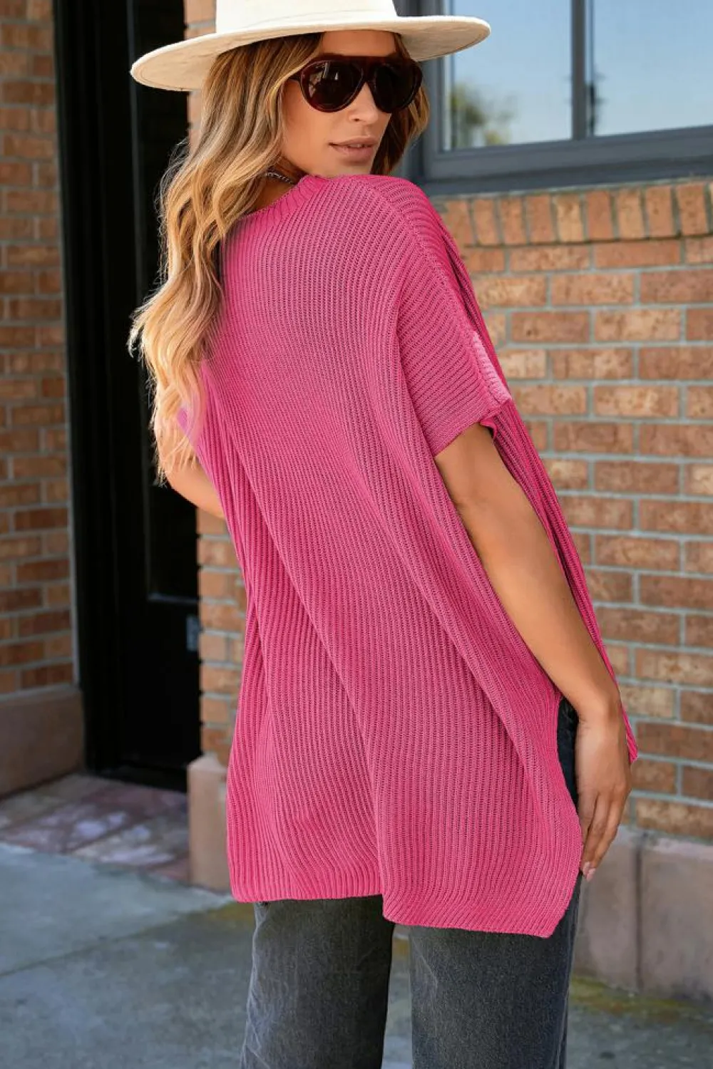 Discount Dear-Lover Short Sleeve Side Slit Oversized Sweater Rose Red