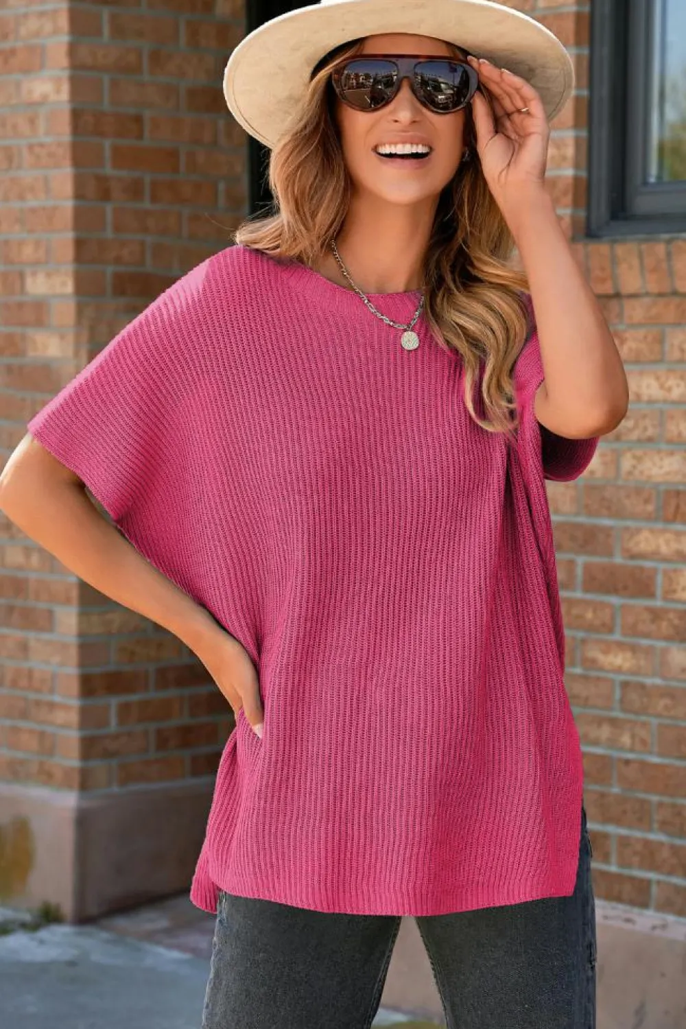 Discount Dear-Lover Short Sleeve Side Slit Oversized Sweater Rose Red