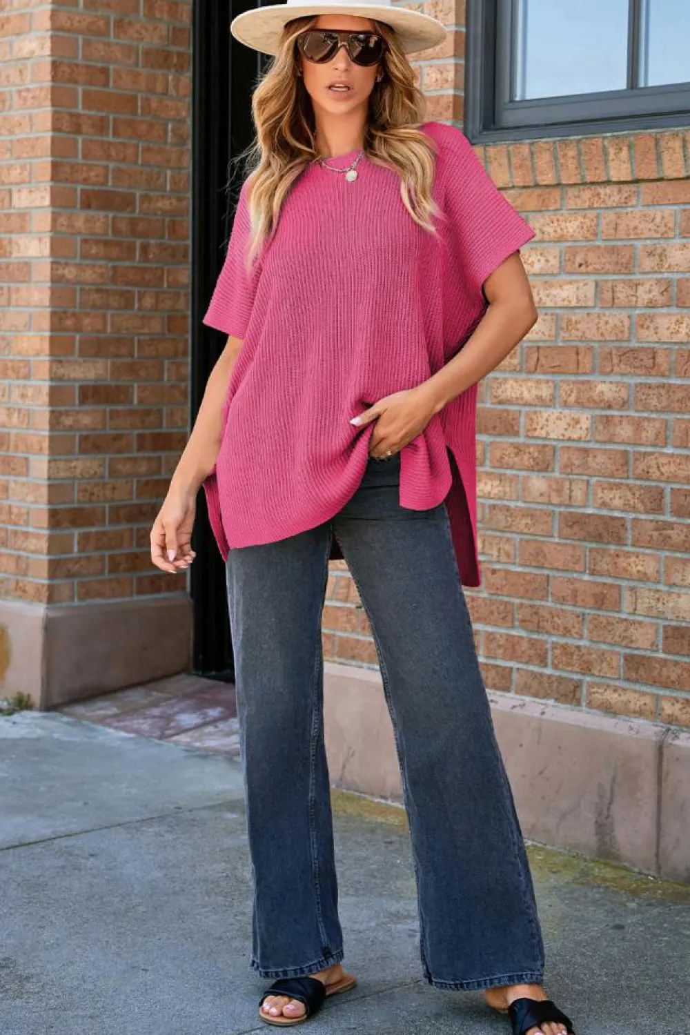 Discount Dear-Lover Short Sleeve Side Slit Oversized Sweater Rose Red