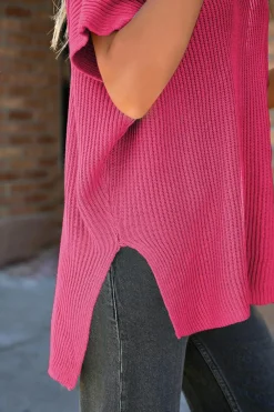 Discount Dear-Lover Short Sleeve Side Slit Oversized Sweater Rose Red