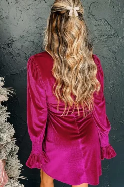 Sale Dear-Lover Smocked Mock Neck Ruffled Puff Sleeve Velvet Mini Dress Rose Red