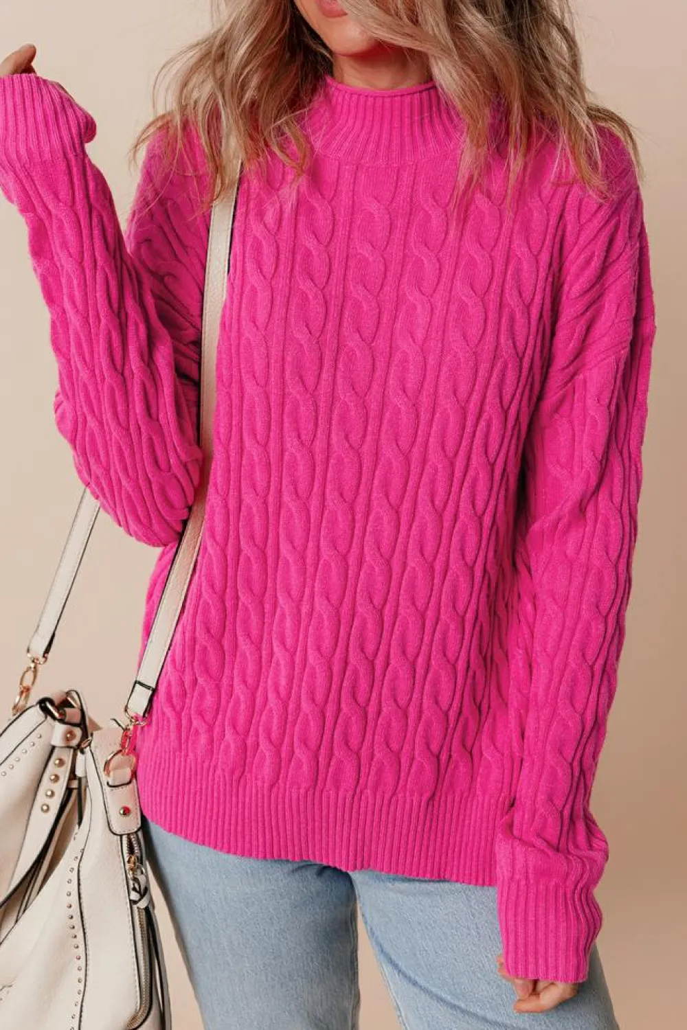 Best Dear-Lover Solid Cable Knit High Neck Drop Shoulder Sweater Rose Red