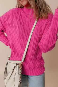 Best Dear-Lover Solid Cable Knit High Neck Drop Shoulder Sweater Rose Red