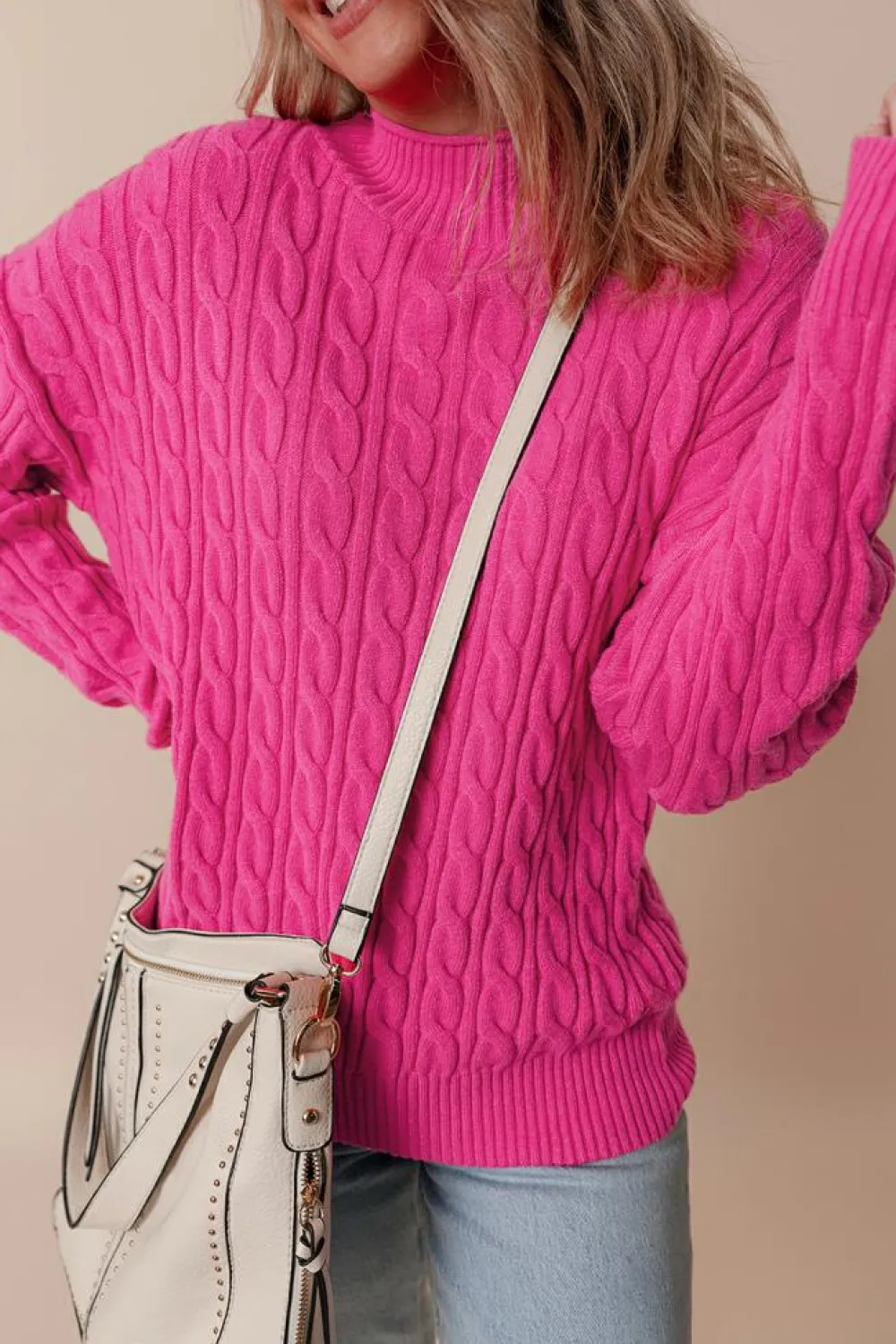Best Dear-Lover Solid Cable Knit High Neck Drop Shoulder Sweater Rose Red