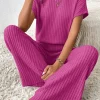 Clearance Dear-Lover Solid Color Ribbed Short Sleeve Wide Leg Jumpsuit Rose Red