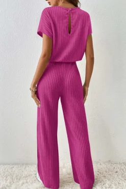 Clearance Dear-Lover Solid Color Ribbed Short Sleeve Wide Leg Jumpsuit Rose Red