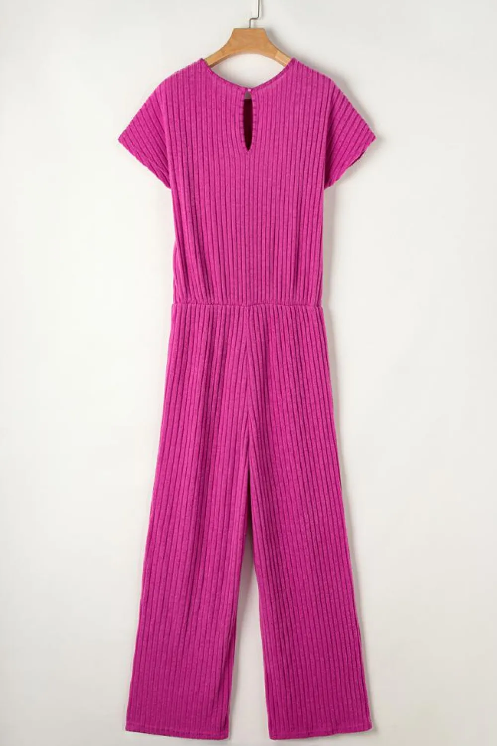 Clearance Dear-Lover Solid Color Ribbed Short Sleeve Wide Leg Jumpsuit Rose Red