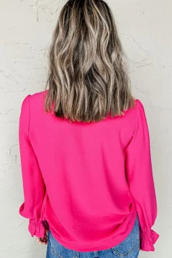 Hot Dear-Lover Solid Color Shirred Cuff Notch V Neck Blouse Rose Red