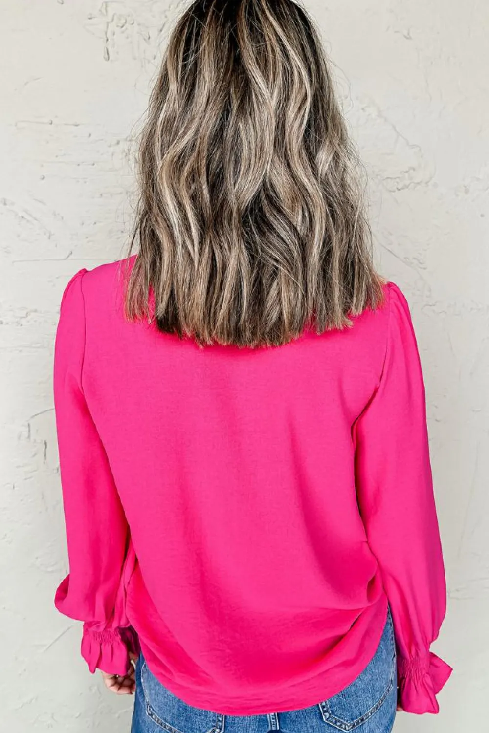 Hot Dear-Lover Solid Color Shirred Cuff Notch V Neck Blouse Rose Red