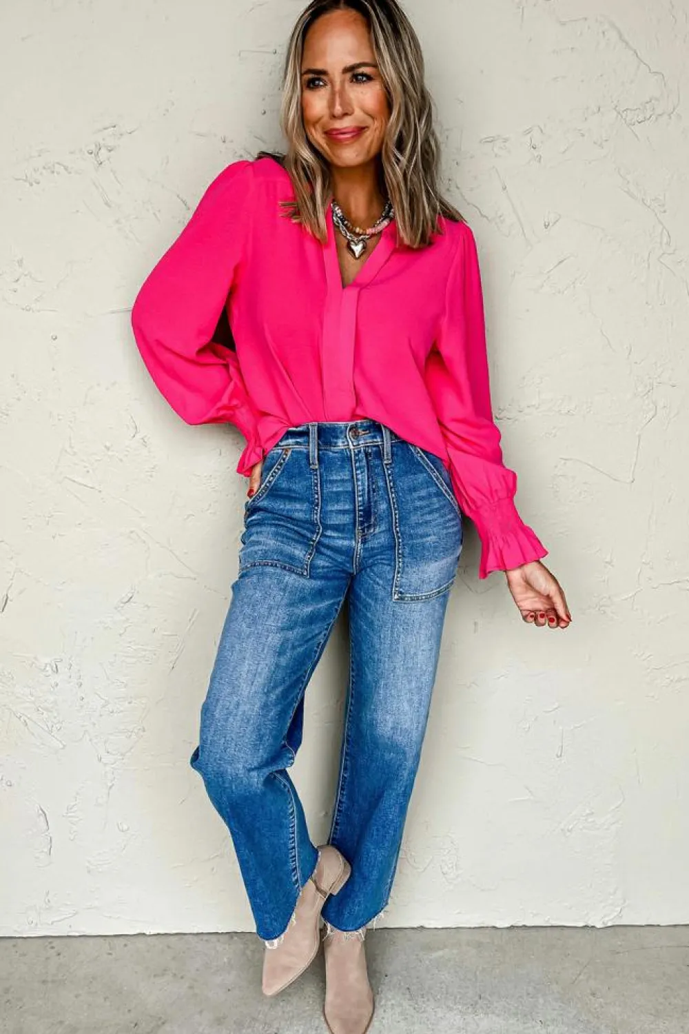 Hot Dear-Lover Solid Color Shirred Cuff Notch V Neck Blouse Rose Red