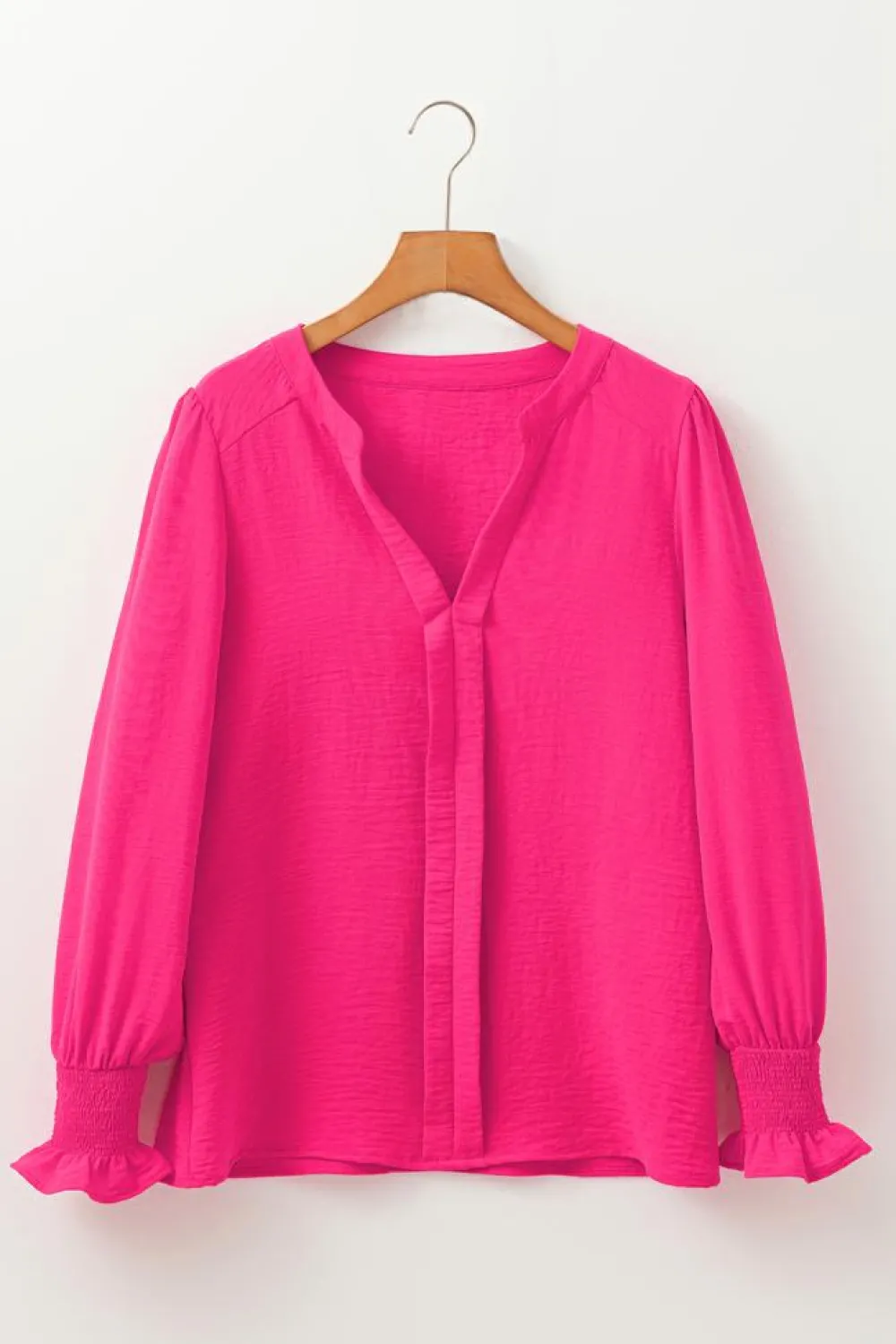 Hot Dear-Lover Solid Color Shirred Cuff Notch V Neck Blouse Rose Red