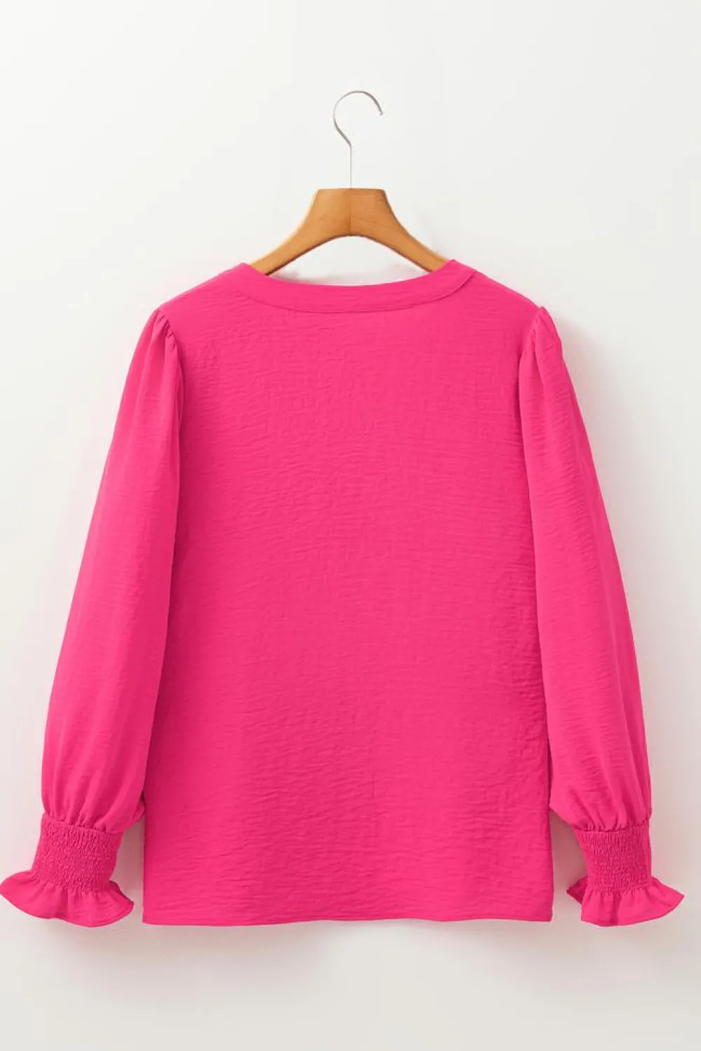 Hot Dear-Lover Solid Color Shirred Cuff Notch V Neck Blouse Rose Red