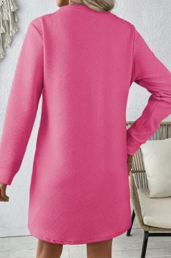 Outlet Dear-Lover Solid Color Textured Long Sleeve Shift Dress Rose Red