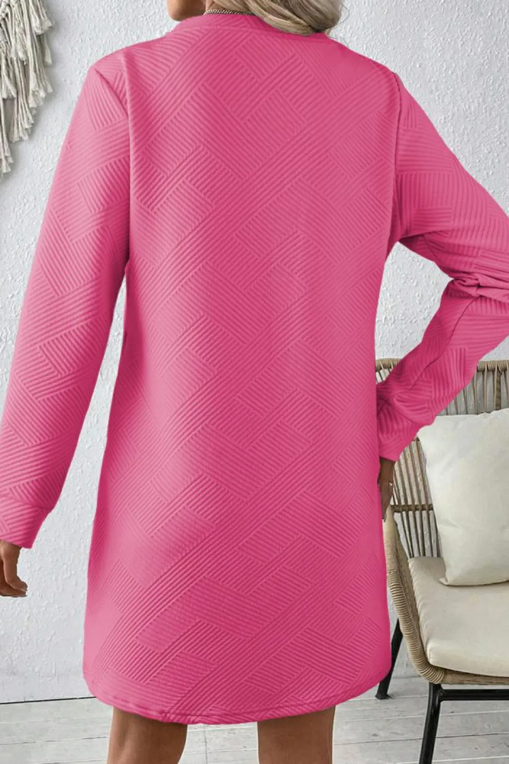 Outlet Dear-Lover Solid Color Textured Long Sleeve Shift Dress Rose Red