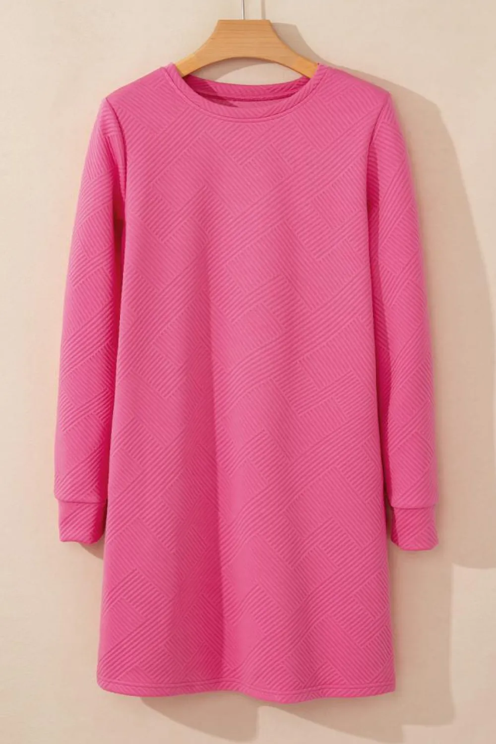 Outlet Dear-Lover Solid Color Textured Long Sleeve Shift Dress Rose Red