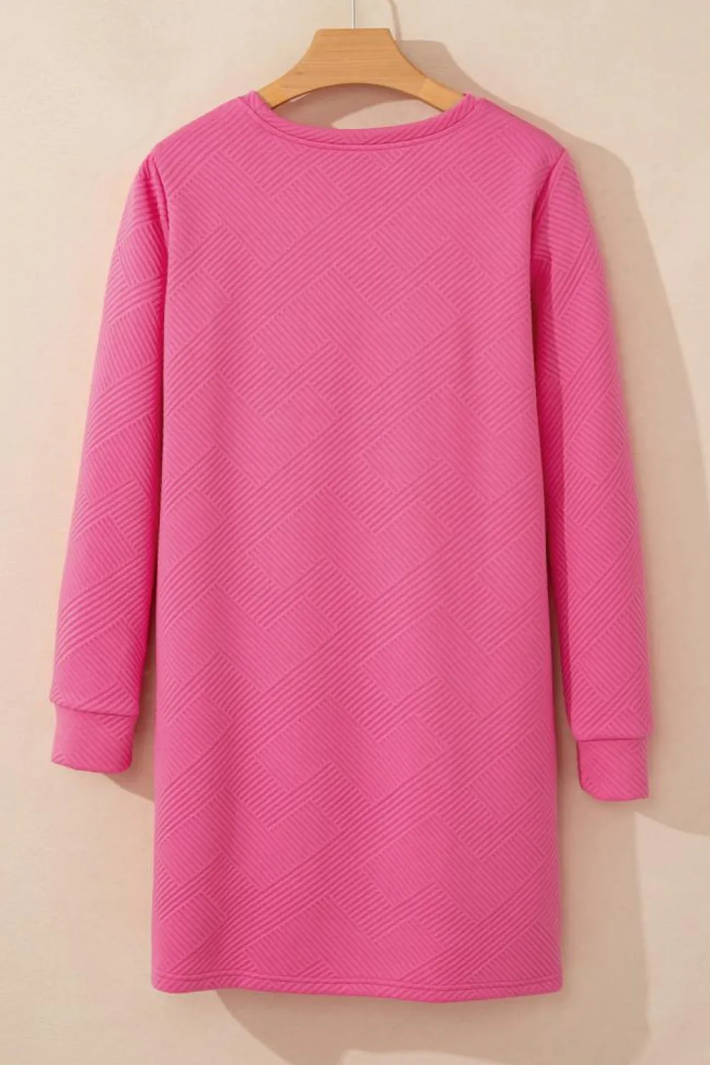 Outlet Dear-Lover Solid Color Textured Long Sleeve Shift Dress Rose Red