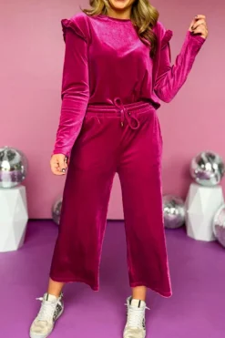 Discount Dear-Lover Solid Velvet Ruffled Two Piece Pants Set Rose Red