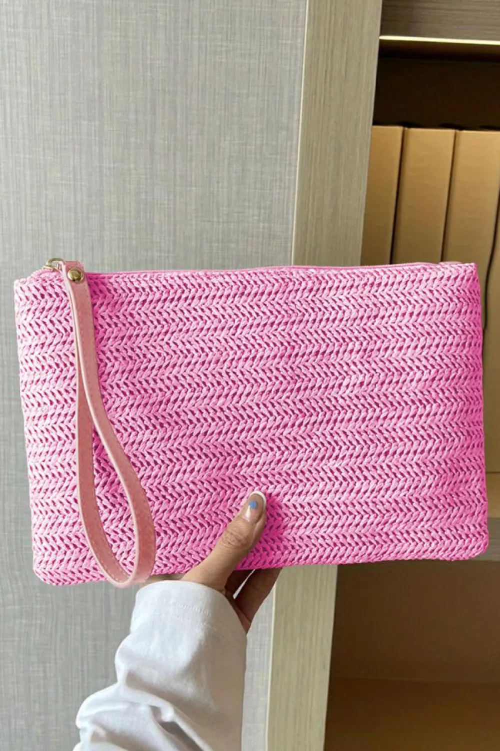 Online Dear-Lover Straw Woven Wrist Strap Zipper Large Wallet Rose Red