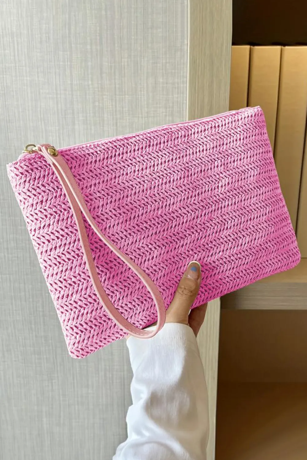 Online Dear-Lover Straw Woven Wrist Strap Zipper Large Wallet Rose Red