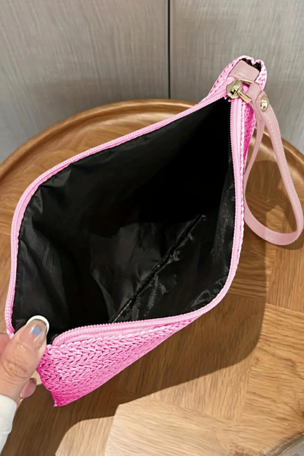 Online Dear-Lover Straw Woven Wrist Strap Zipper Large Wallet Rose Red