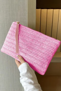 Online Dear-Lover Straw Woven Wrist Strap Zipper Large Wallet Rose Red