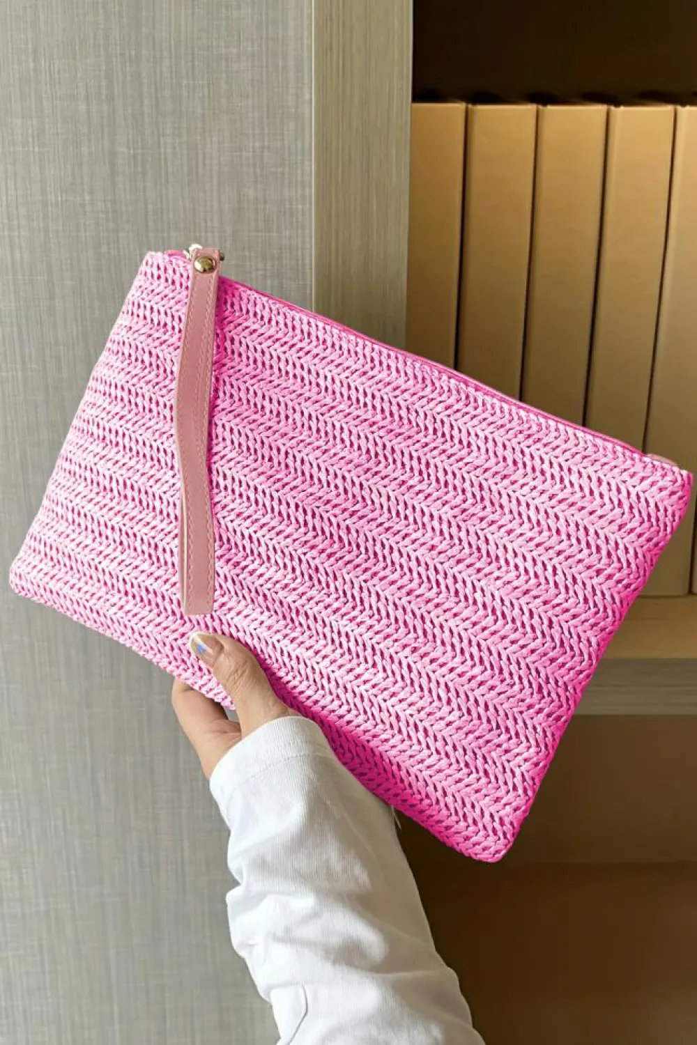 Online Dear-Lover Straw Woven Wrist Strap Zipper Large Wallet Rose Red