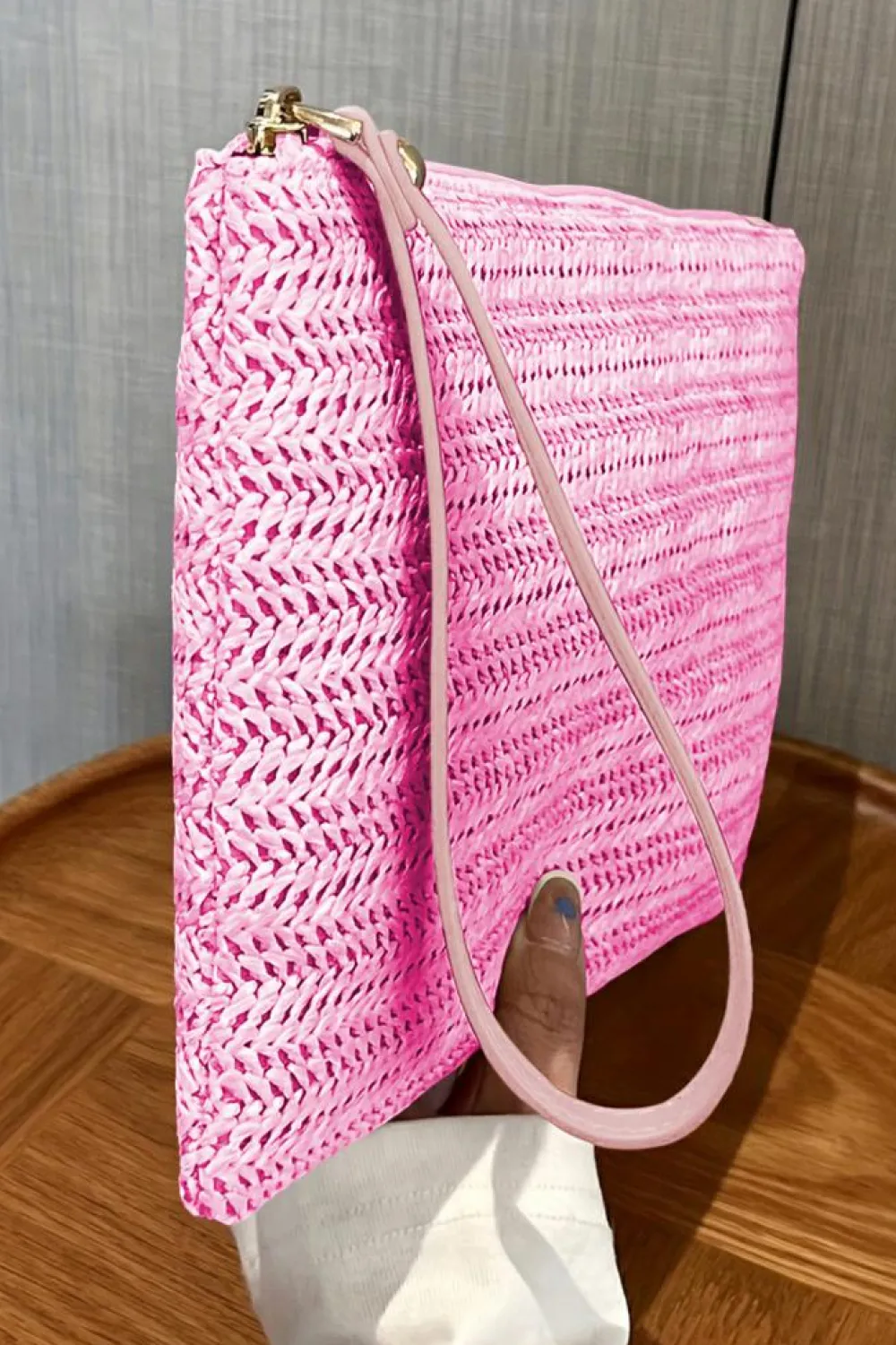 Online Dear-Lover Straw Woven Wrist Strap Zipper Large Wallet Rose Red