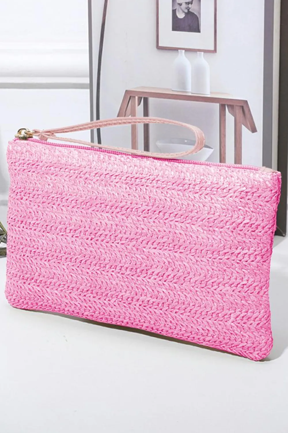 Online Dear-Lover Straw Woven Wrist Strap Zipper Large Wallet Rose Red