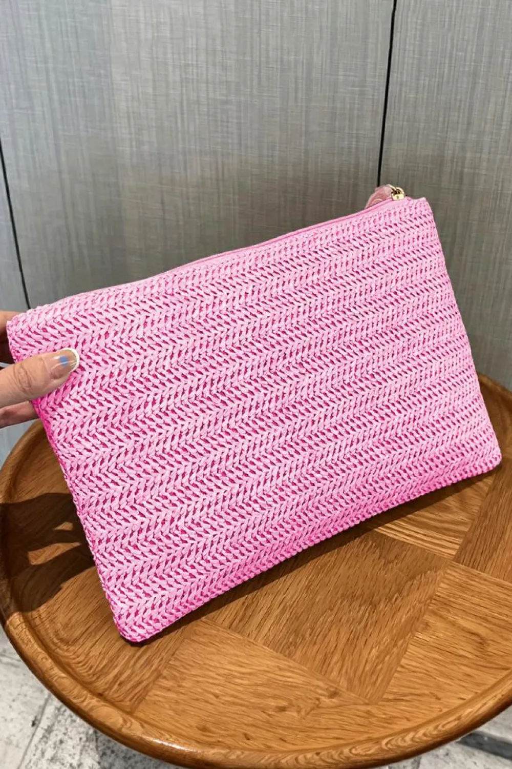 Online Dear-Lover Straw Woven Wrist Strap Zipper Large Wallet Rose Red