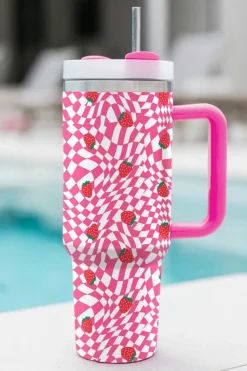 New Dear-Lover Strawberry Checkered Print Handled Tumbler 40oz Rose Red