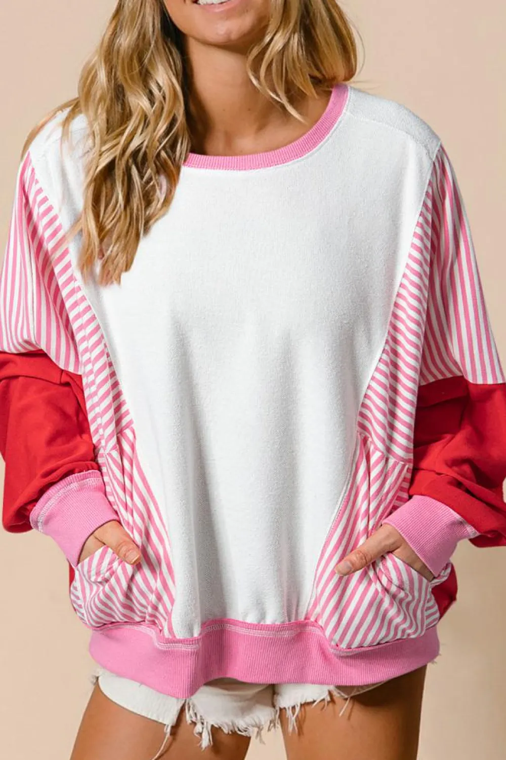 Best Dear-Lover Striped Patchwork Batwing Sleeve Pocketed Sweatshirt Rose Red