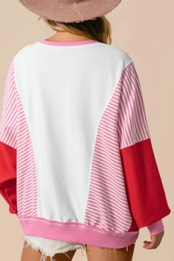 Best Dear-Lover Striped Patchwork Batwing Sleeve Pocketed Sweatshirt Rose Red