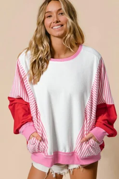 Best Dear-Lover Striped Patchwork Batwing Sleeve Pocketed Sweatshirt Rose Red