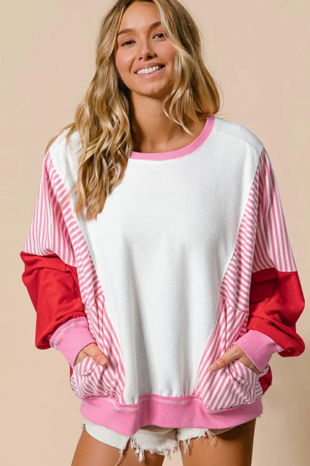 Best Dear-Lover Striped Patchwork Batwing Sleeve Pocketed Sweatshirt Rose Red