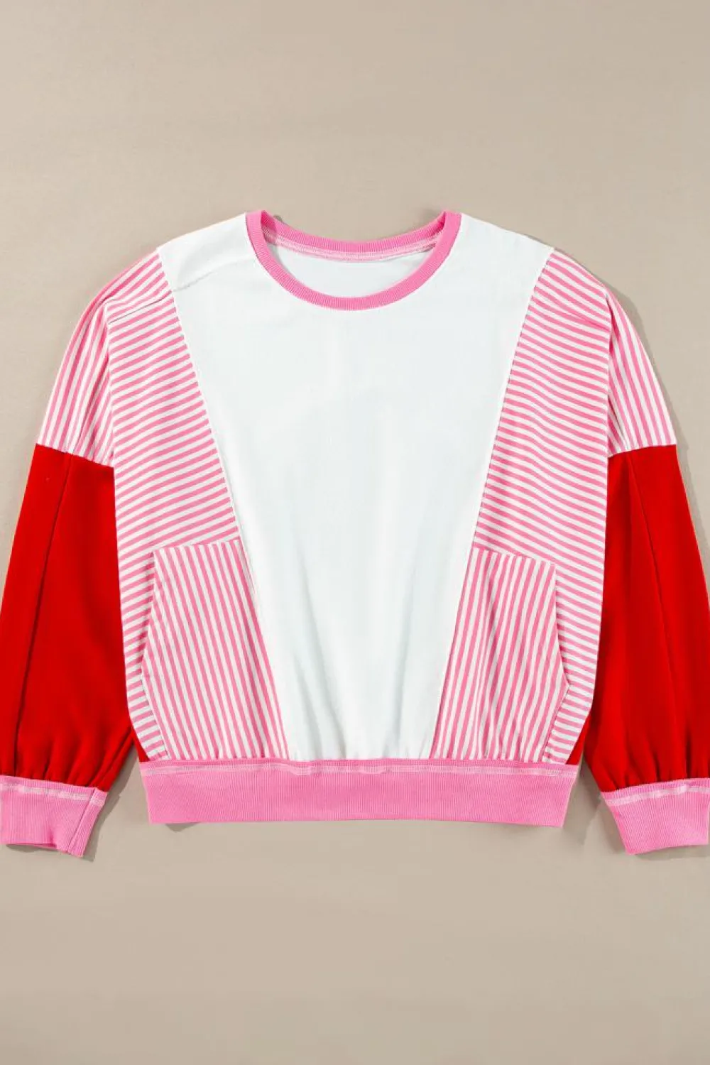 Best Dear-Lover Striped Patchwork Batwing Sleeve Pocketed Sweatshirt Rose Red