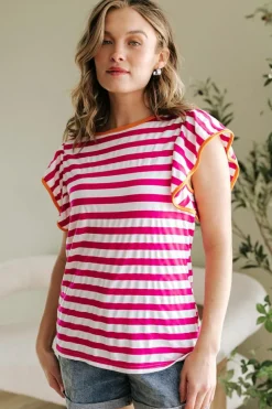 Outlet Dear-Lover Striped Ruffle Sleeve Crew Neck Blouse Rose Red